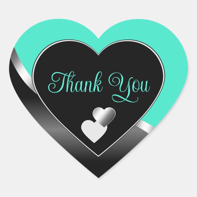 Sticker Cœur Coeurs noirs turquoises et Merci argenté ondulé (Devant)