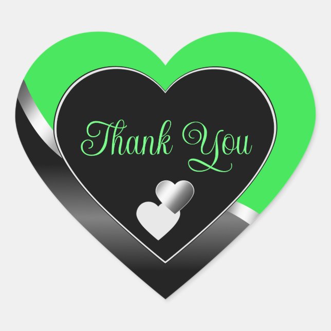 Sticker Cœur Coeurs noirs verts mignons et Merci argenté ondulé (Devant)