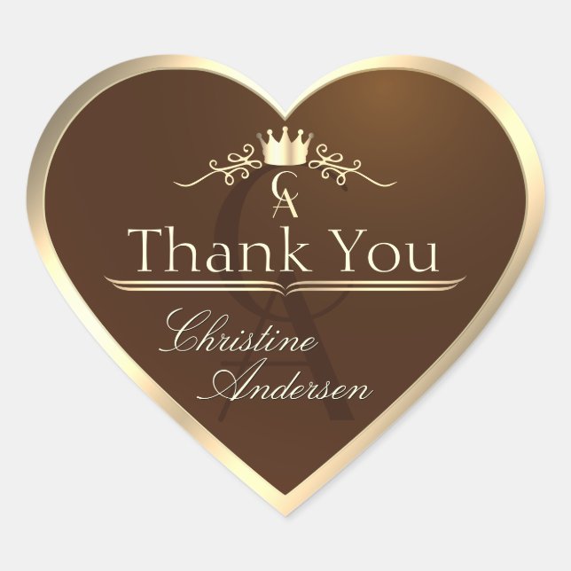 Sticker Cœur Coffee Brown with Gold Frame Monogram Thank You (Devant)