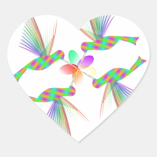 Sticker Cœur Colibris Arc-En-Ciel Embrasser Une Fleur (Devant)
