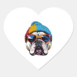 Sticker Cœur Cool English Bulldog avec un Casquette Beanie