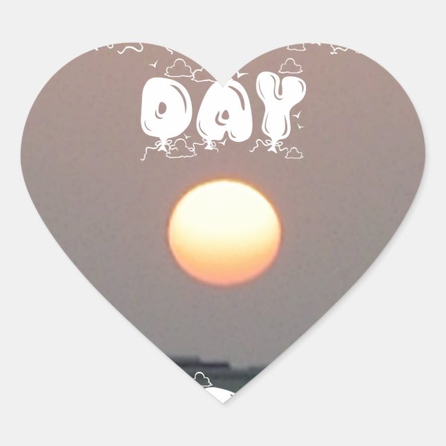 Sticker Cœur Coucher de soleil d'or avec Bonne Journée/Soirée (Devant)