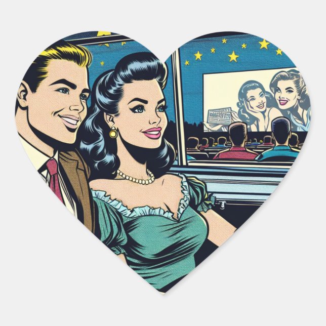 Sticker Cœur Couple rétro au film Drive-In (Devant)