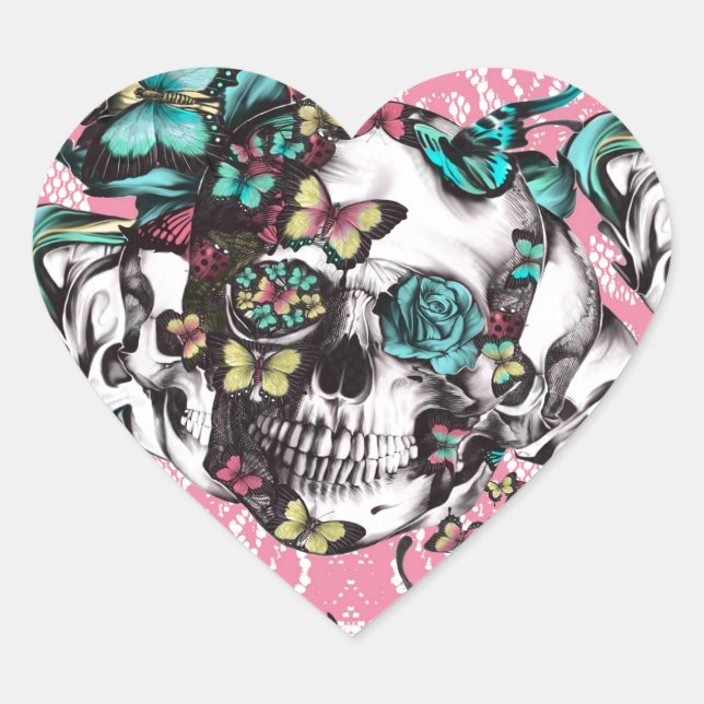 Sticker Cœur Crâne rose floral aux papillons. (Devant)