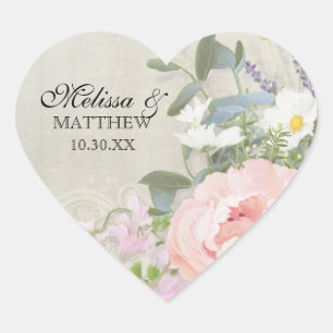 Sticker Cœur Crème du coeur Gris BOHO Rustique Woodsy Floral Pe