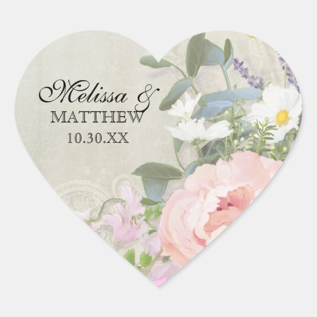 Sticker Cœur Crème du coeur Gris BOHO Rustique Woodsy Floral Pe (Devant)