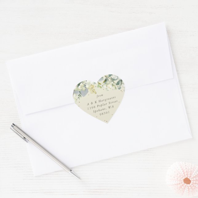 Sticker Cœur Crème Snowberry+Eucalyptus Adresse de Noël (Enveloppe)