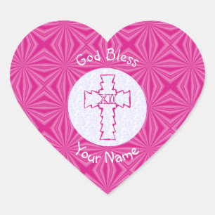Sticker Cœur Croix chrétienne Zig Zag rose sur Nom rose Blanc