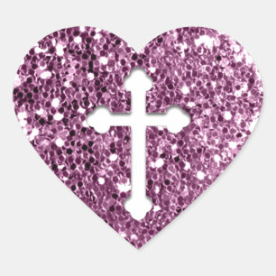 Sticker Cœur Croix en blanc sur rose Parties scintillant
