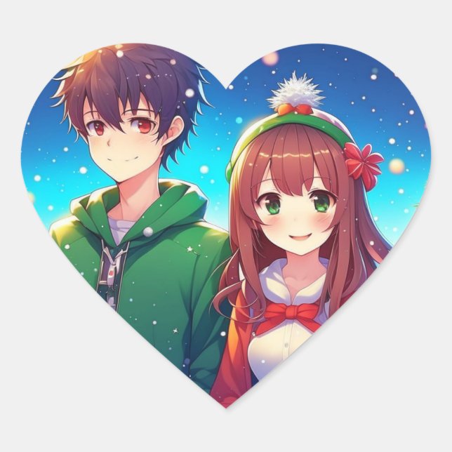 Sticker Cœur Cute Anime Couple | Joyeux Noël (Devant)