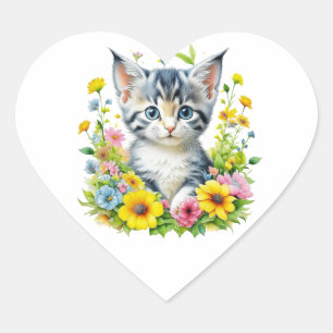 Sticker Cœur Cute Aquarelle Kitten en Fleurs