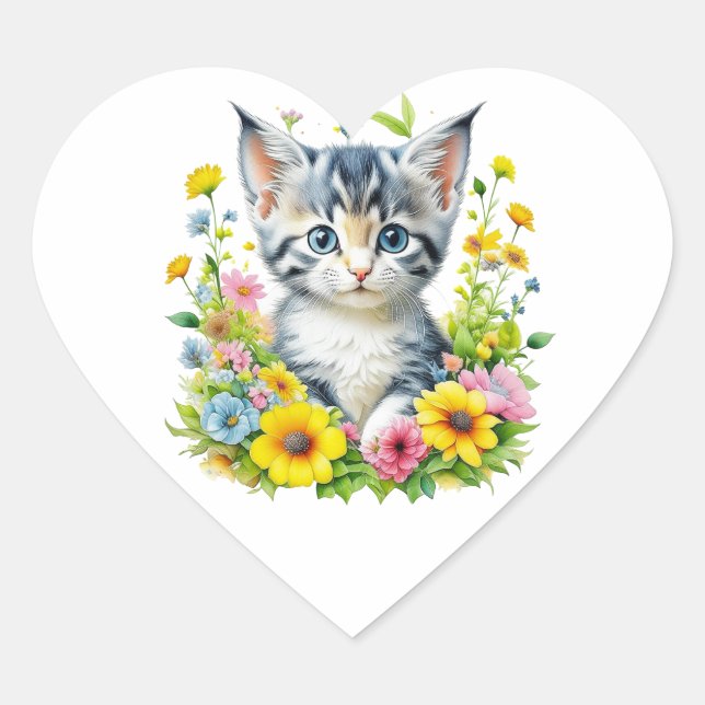Sticker Cœur Cute Aquarelle Kitten en Fleurs (Devant)