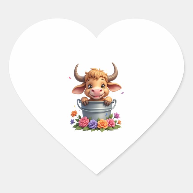 Sticker Cœur Cute Baby Highland Cow With flowers Calf Animal co (Devant)