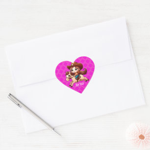 Sticker Cœur Cute Cowgirl et Cheval Western Rose
