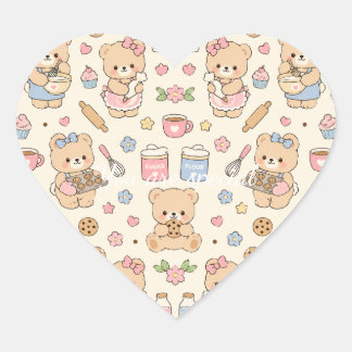 Sticker Cœur Cute Kawaii Teddy Bear Baking Pattern | Cozy Kitch