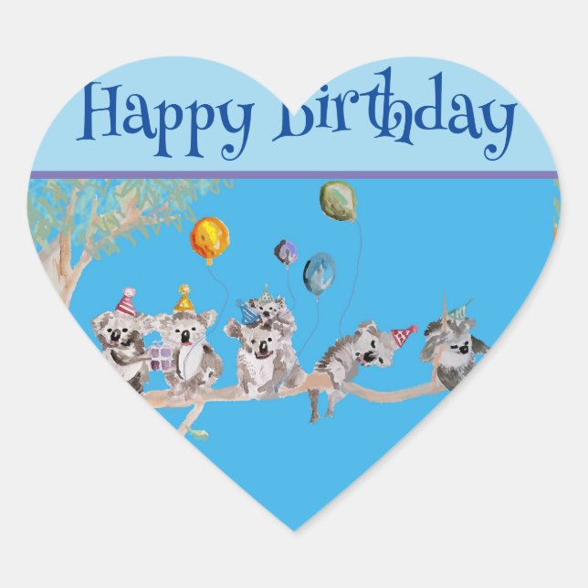 Sticker Cœur Cute Koala Koalas Blue Childs Joyeux anniversaire (Devant)