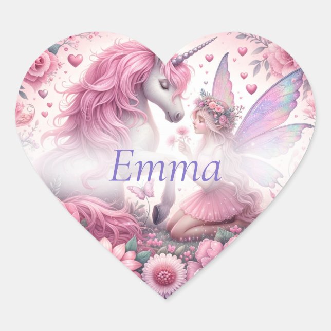 Sticker Cœur Cute Pretty Rose Fairy et Unicorne (Devant)