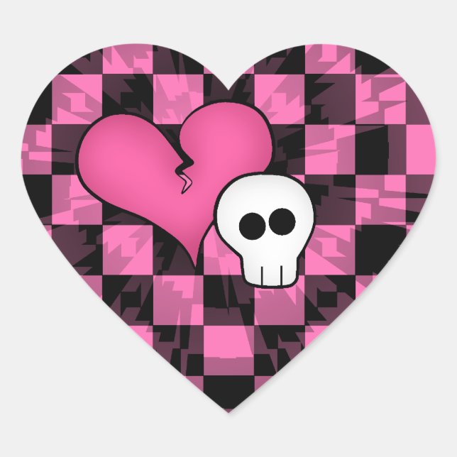 Sticker Cœur Cute punk rose chaud et noir crâne brisé au coeur (Devant)