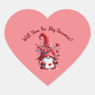 Sticker Cœur Cute Valentines Gnome avec Coeur et Rose