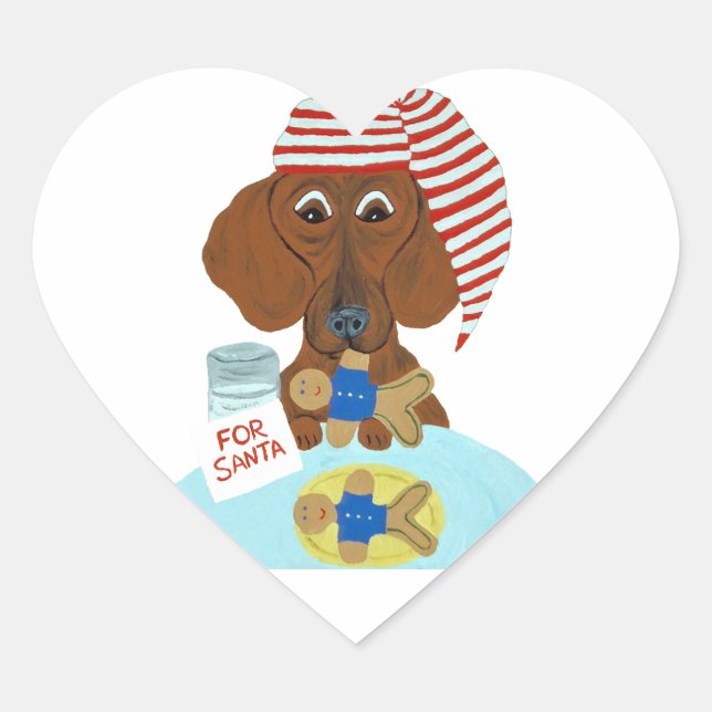 Sticker Cœur Dachshund Garder Père Noël des cookies (Devant)
