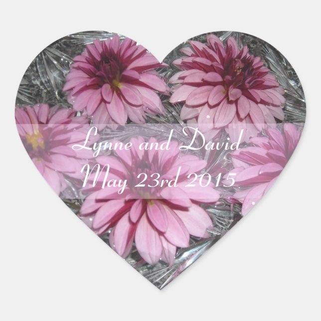 Sticker Cœur Dahlias roses Enregistrer la date (Devant)