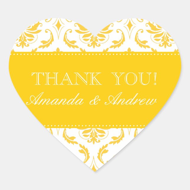 Sticker Cœur Damas jaune Merci Mariage personnalisé (Devant)