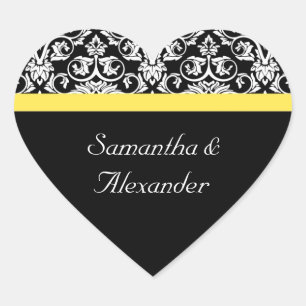 Sticker Cœur Damas noir/blanc avec jaune vif