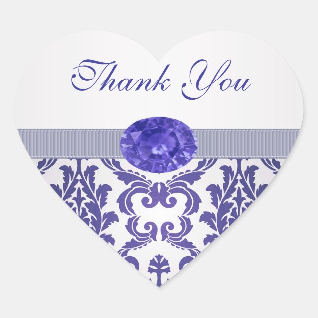 Sticker Cœur Damask bleu foncé et Merci en pierres gemmes (Devant)