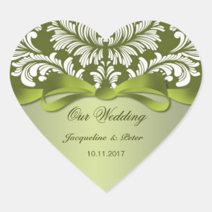 Sticker Cœur Damask vert et blanc Mariage