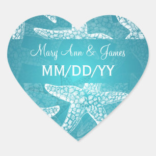 Sticker Cœur Date de mariage de plage Starfish Blue