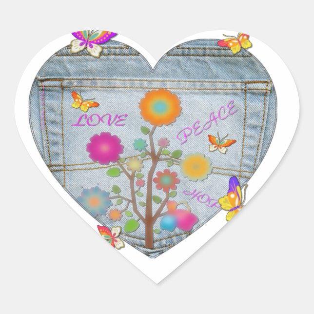 Sticker Cœur Denim Pocket Fleurs cardiaques Papillons (Devant)