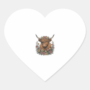 Sticker Cœur Dessin de gravure vintage de vache des Highlands f