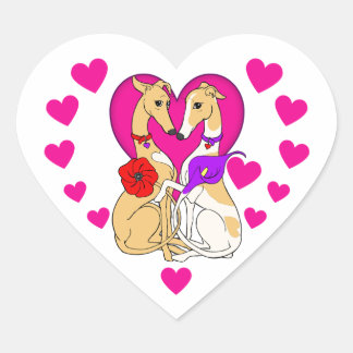 Sticker Cœur Deux Greyhounds Coeur et Fleurs Roses