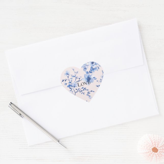 Sticker Cœur Douce Mariée Fleurie Rose et Bleue (Enveloppe)