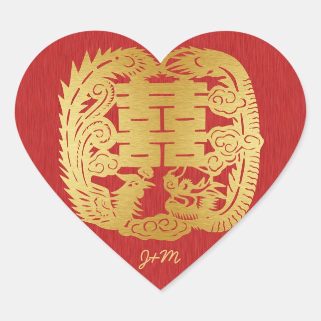 Sticker Cœur Dragon chinois double bonheur / Mariage Phoenix (Devant)