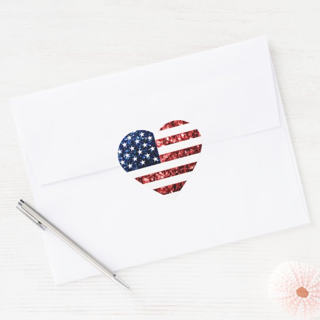 Sticker Cœur Drapeau américain rouge & bleu scintillants partie (Enveloppe)