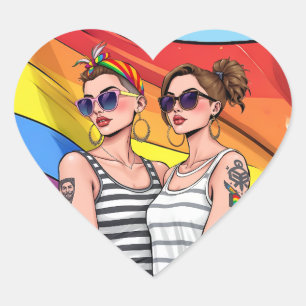 Sticker Cœur Drapeau arc-en-ciel lesbien LGBTQ