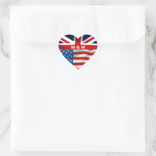 Sticker Cœur Drapeaux américains britanniques Monogrammé