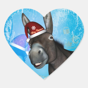 Sticker Cœur Drôle âne de Noël avec casquette de Noël