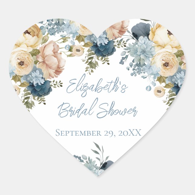 Sticker Cœur Dusty Blue Rose Blanc Fleurs Mariage (Devant)