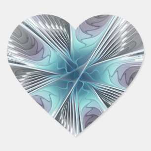 Sticker Cœur Élégance Moderne Fleur d'Art Fractal Bleu Gris Bla