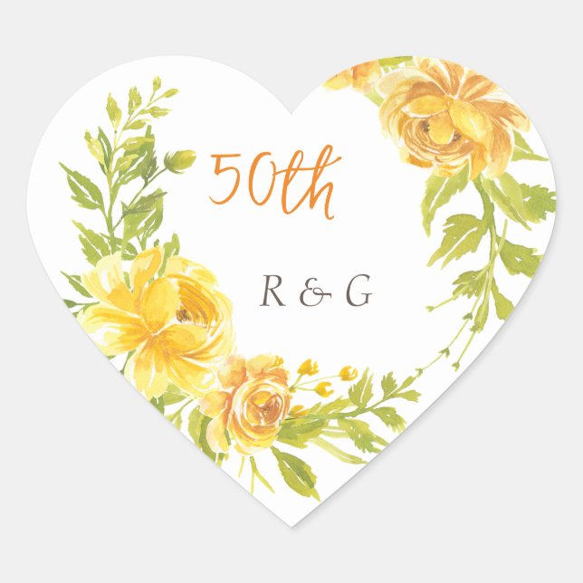 Sticker Cœur Élégant 50e anniversaire de Mariage de Fleur Jaune (Devant)