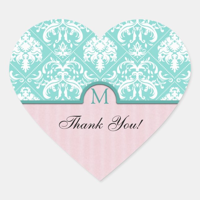 Sticker Cœur Elégant Aqua Merci bleu et rose Damas (Devant)