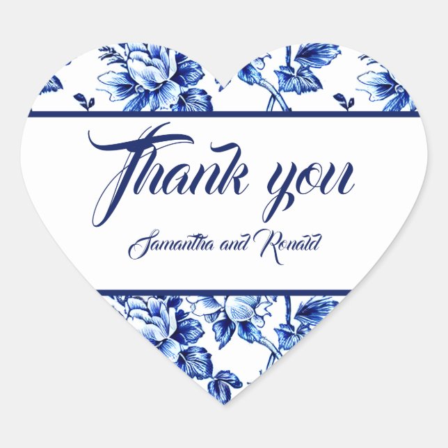 Sticker Cœur Elégant Bleu Blanc Floral Toile Mariage Merci (Devant)