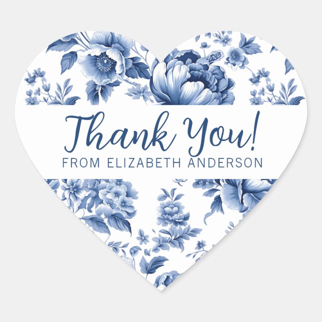 Sticker Cœur Elegant Blue Vintage Rose Floral Thank You (Devant)