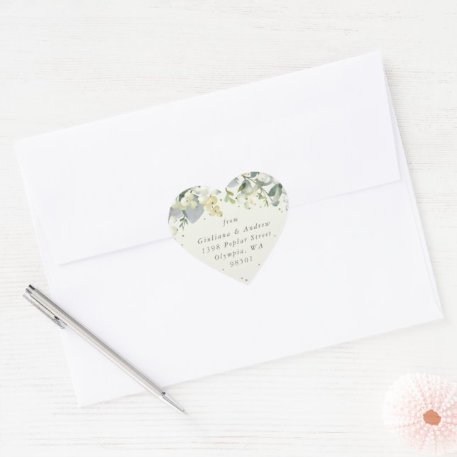 Sticker Cœur Elegant Crème Snowberry+Eucalyptus Adresse (Enveloppe)