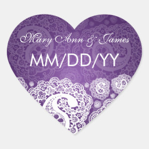Sticker Cœur Élégant Date de mariage Paisley dentelle pourpre
