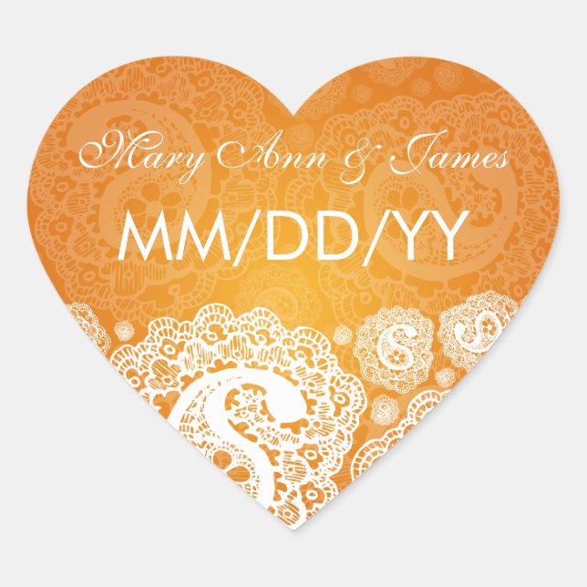 Sticker Cœur Élégant Date de Mariage Paisley Lace Orange (Devant)