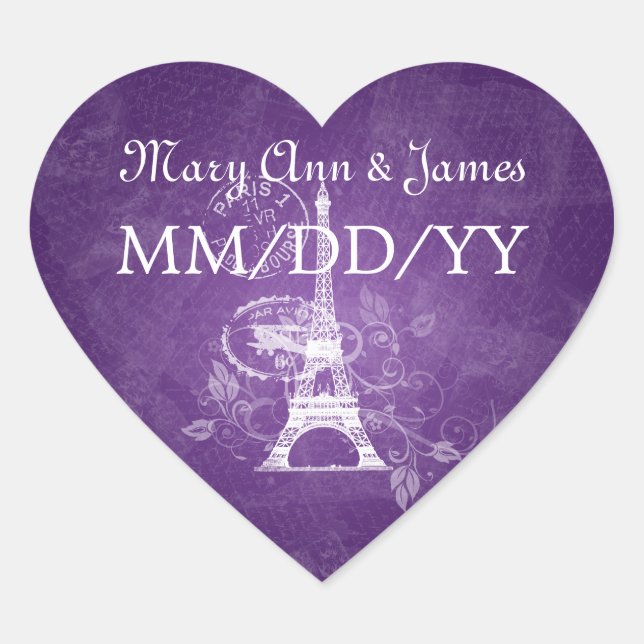 Sticker Cœur Elégant Mariage Date Romantique Paris violet (Devant)