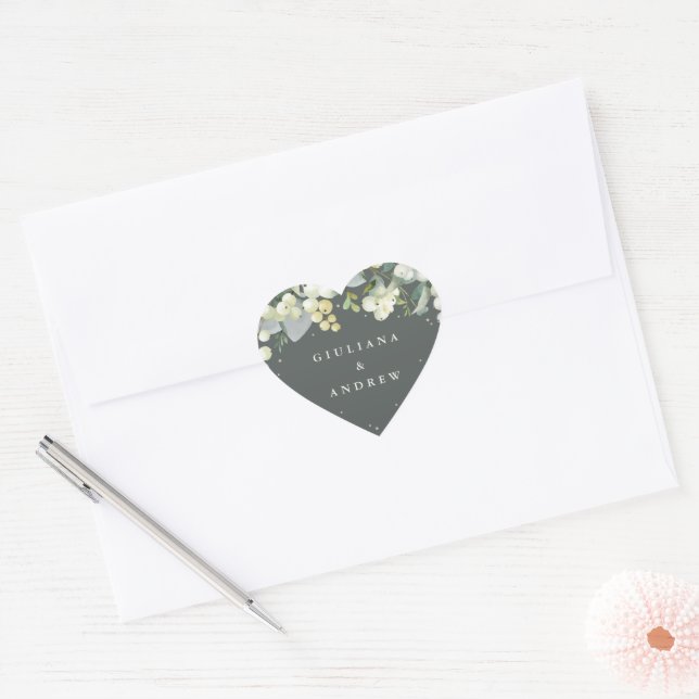 Sticker Cœur Elégant Mariage de courge vert Snowberry+Eucalyptu (Enveloppe)